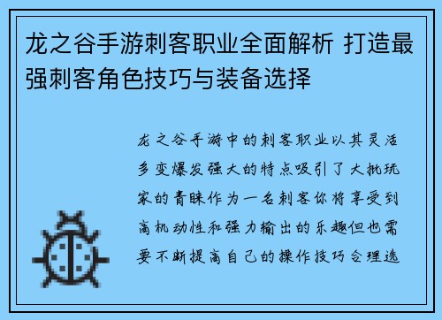 龙之谷手游刺客职业全面解析 打造最强刺客角色技巧与装备选择